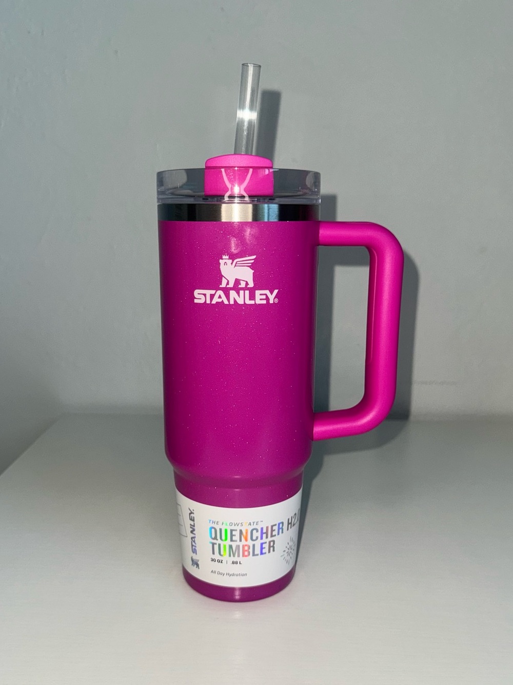 Stanley The Quencher H2.0 FlowState Tumbler 30oz Pink Shimmer Glitter Handle Cup